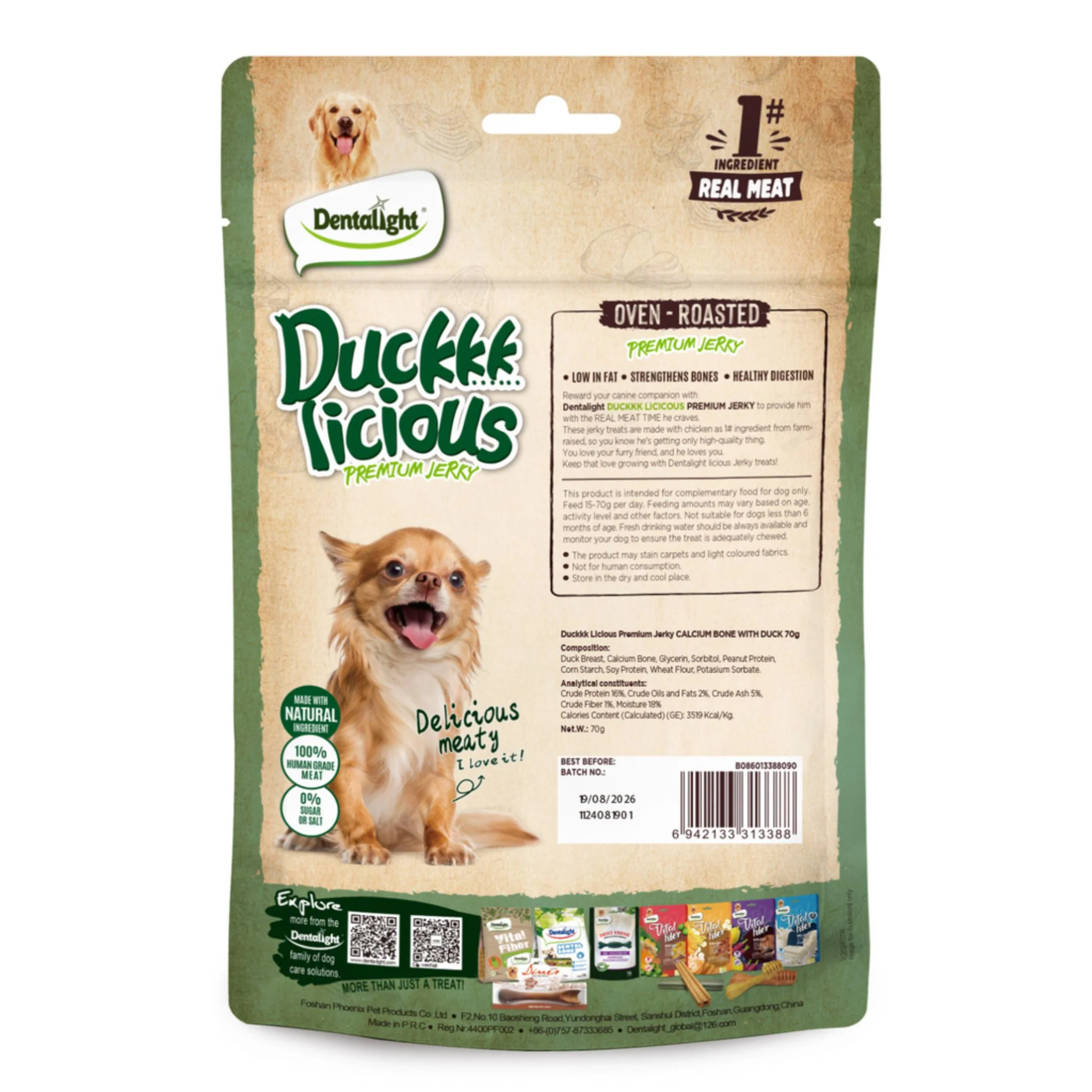 Dentalight Licious Jerky Dog Treats With Duck Calcium Bone - 70g - Image 2