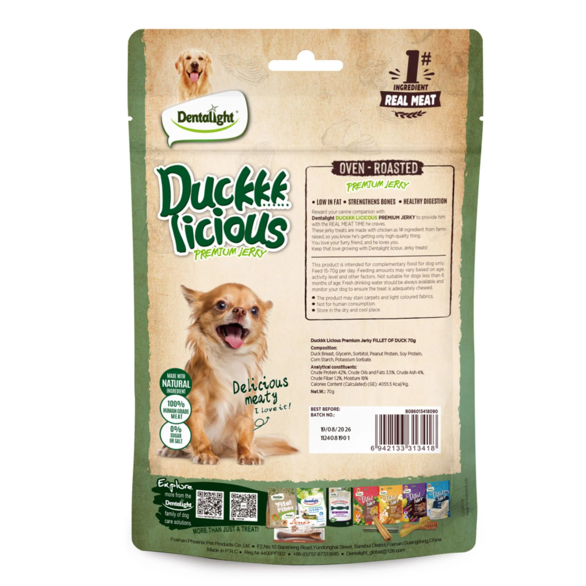 Dentalight Licious Jerky Dog Treats With Duck Fillet - 70g - Image 2