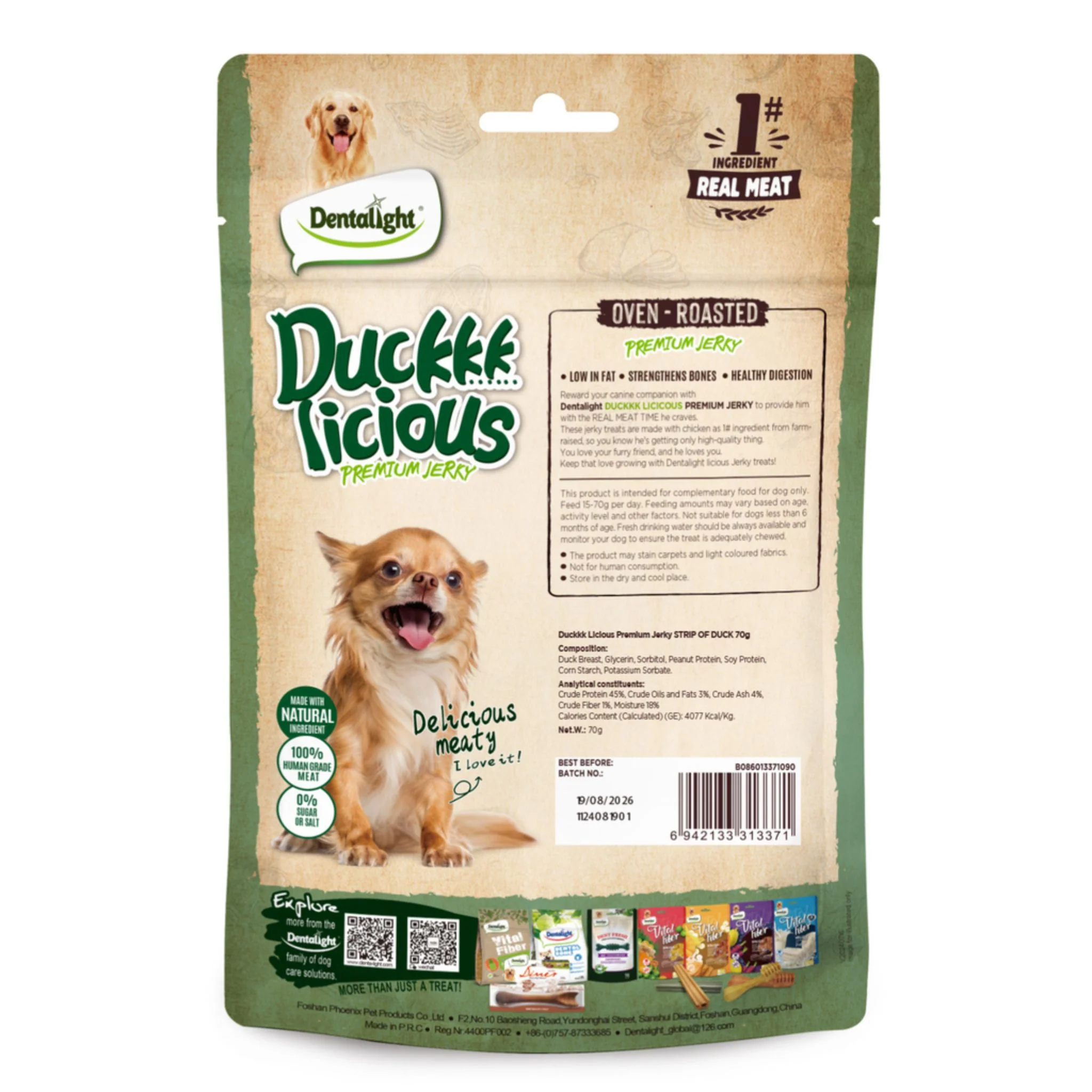 Dentalight Licious Jerky Dog Treats With Duck Strip - 70g - Image 2