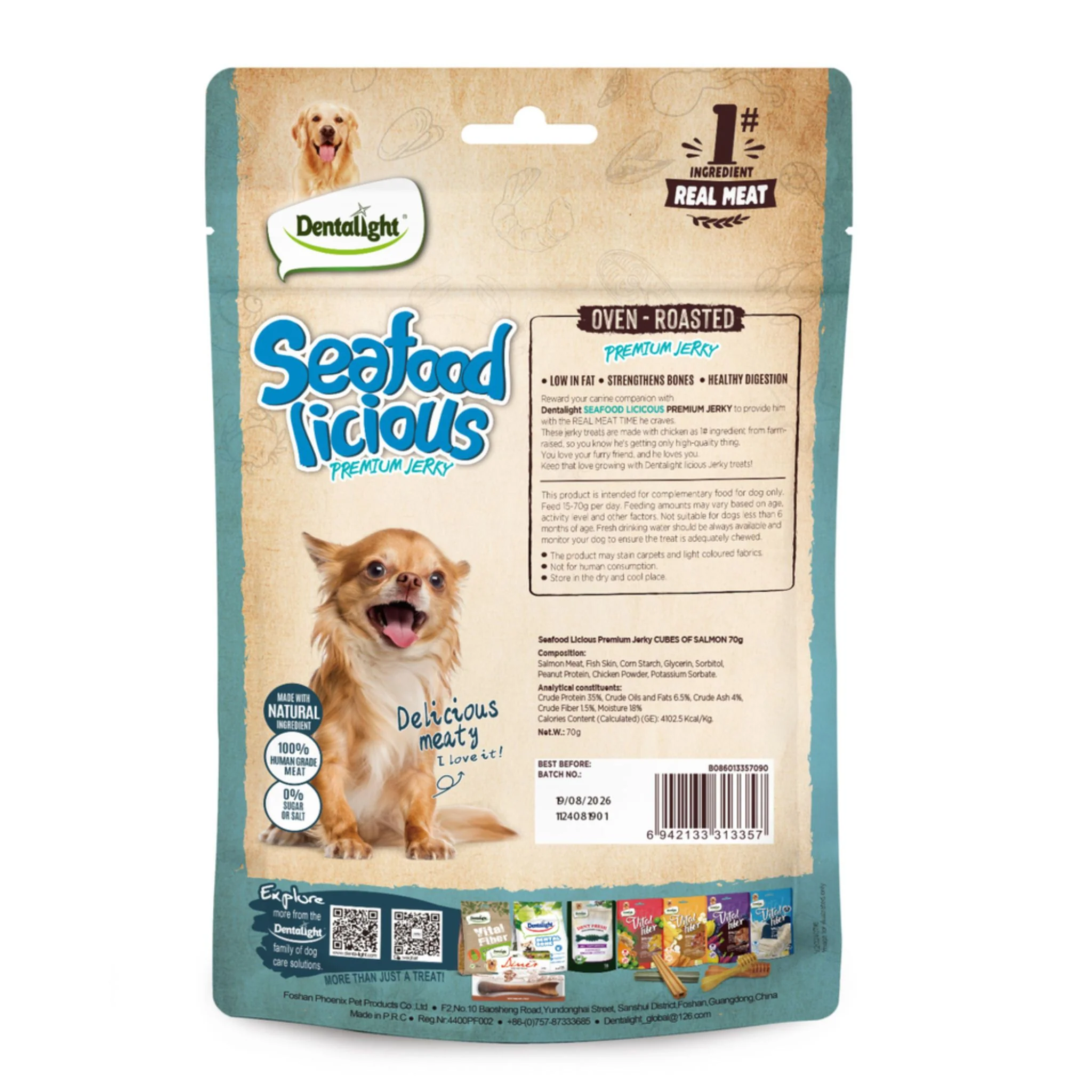 Dentalight Licious Jerky Dog Treats With Salmon Cube - 70g - Image 2