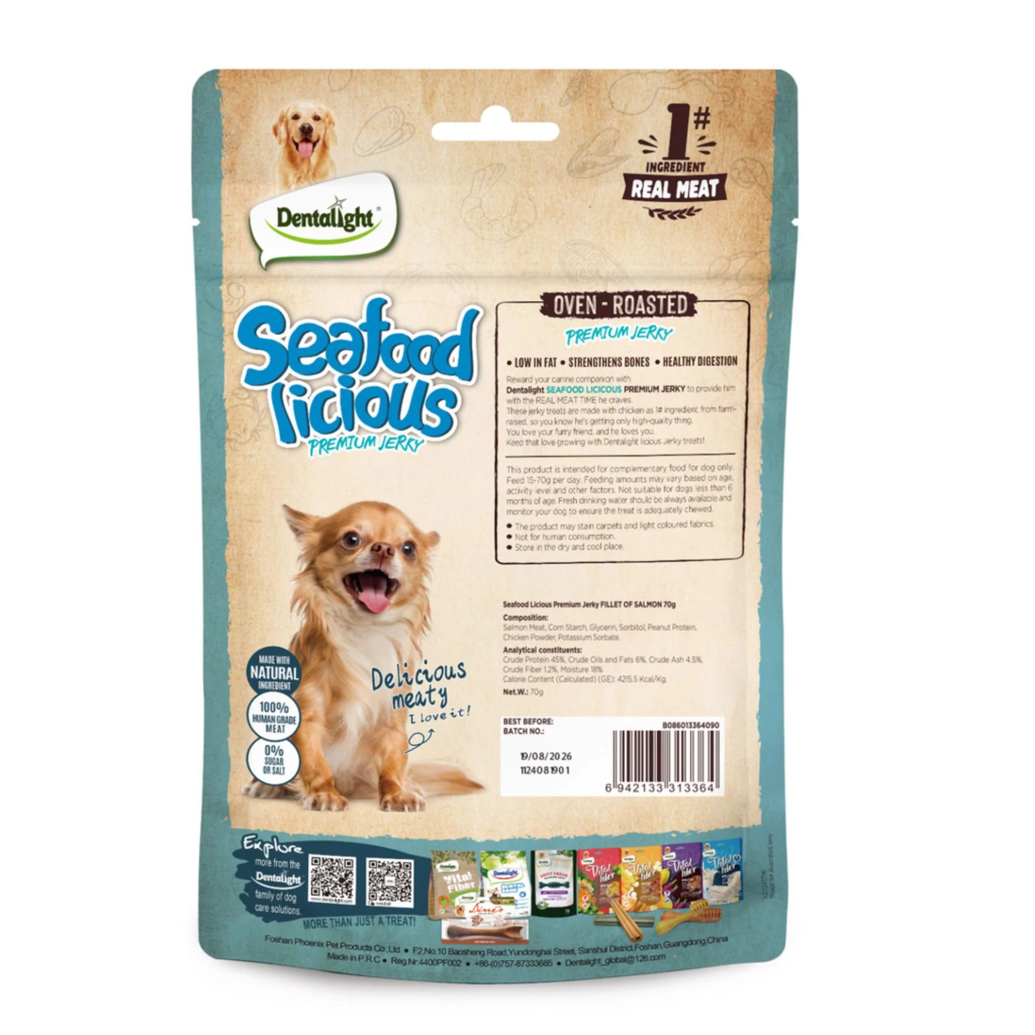 Dentalight Licious Jerky Dog Treats With Salmon Fillet - 70g - Image 2