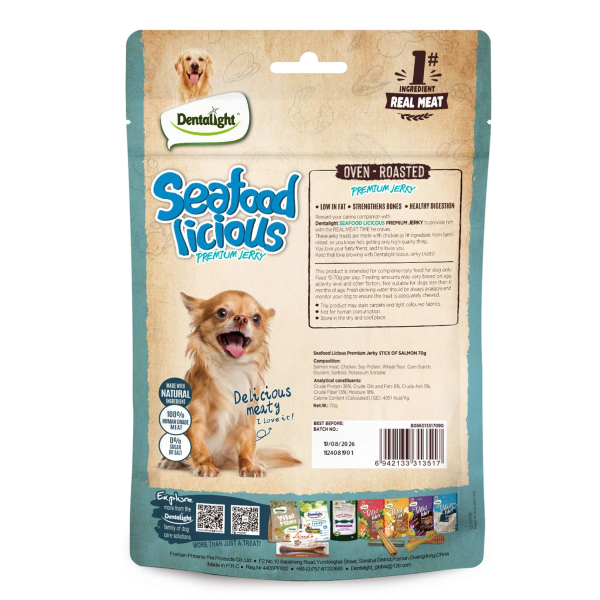 Dentalight Licious Jerky Dog Treats With Salmon Stick - 70g - Image 2