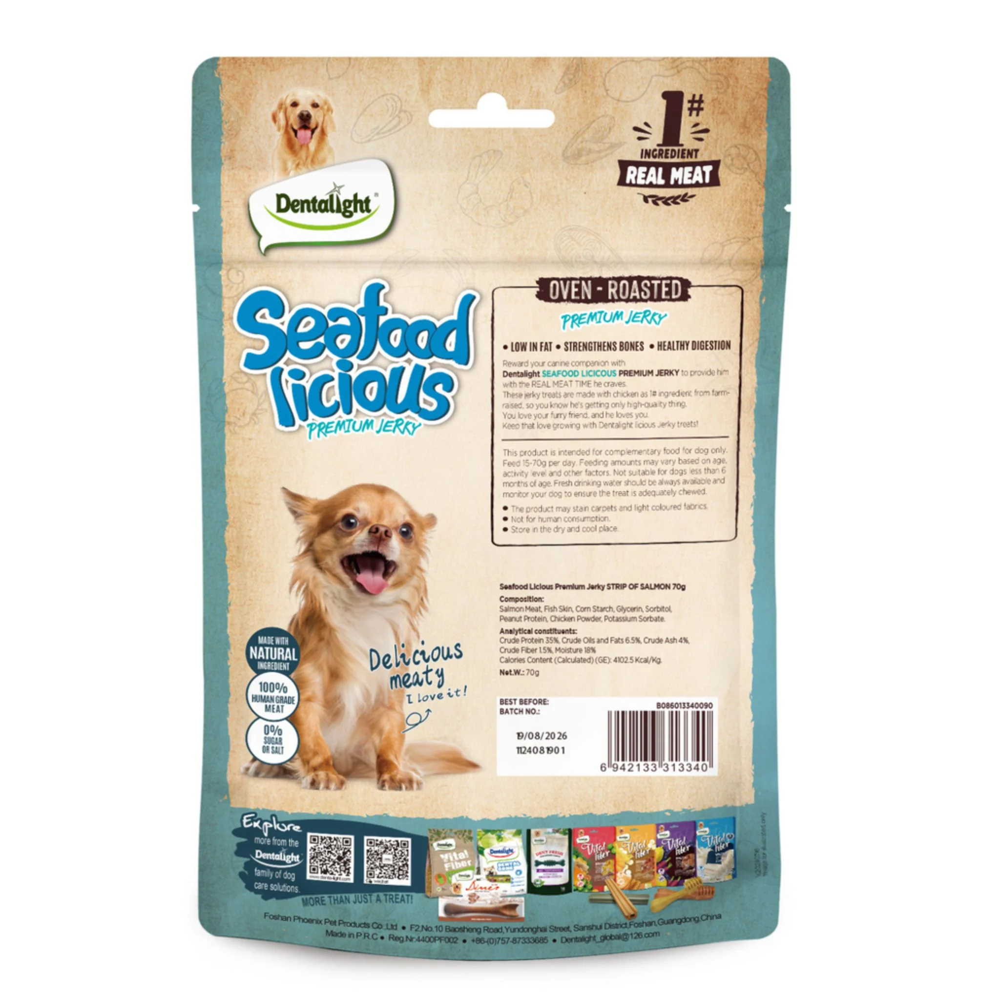 Dentalight Licious Jerky Dog Treats With Salmon Strip - 70g - Image 2