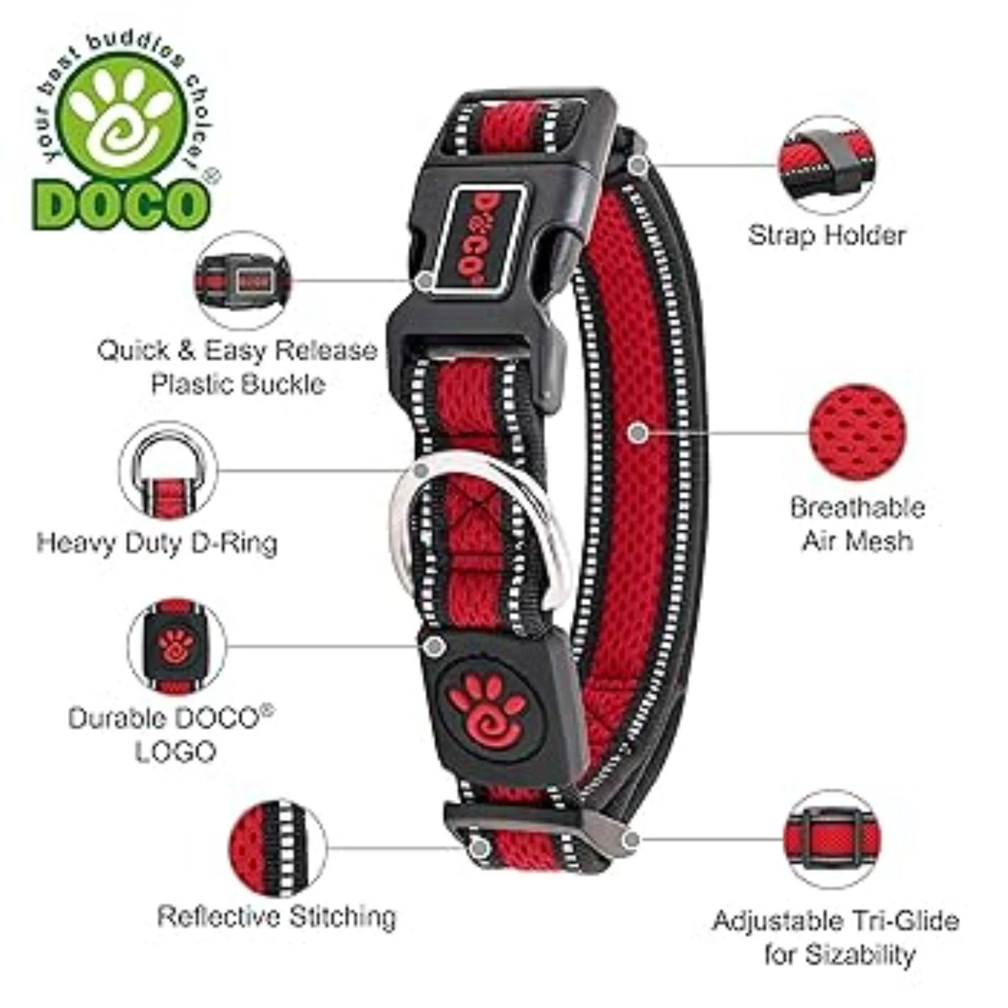 Doco Vario Ring Dog Collar With Reflective Stitching Red - XL - Image 2