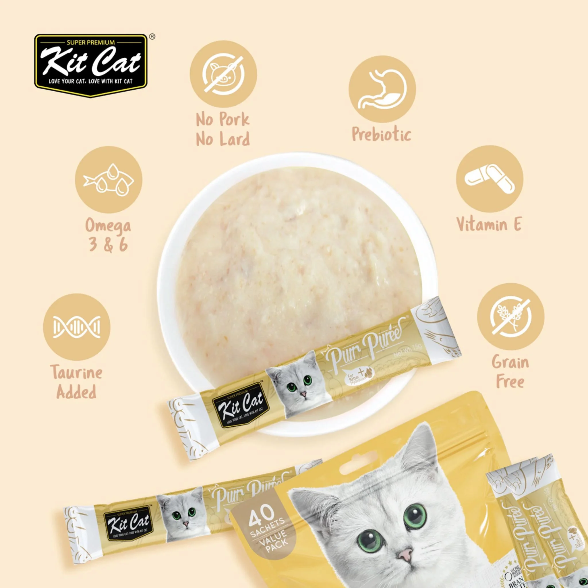 Kit Cat Puree Chicken & Fiber Hairball Cat Treats 600G - Image 3