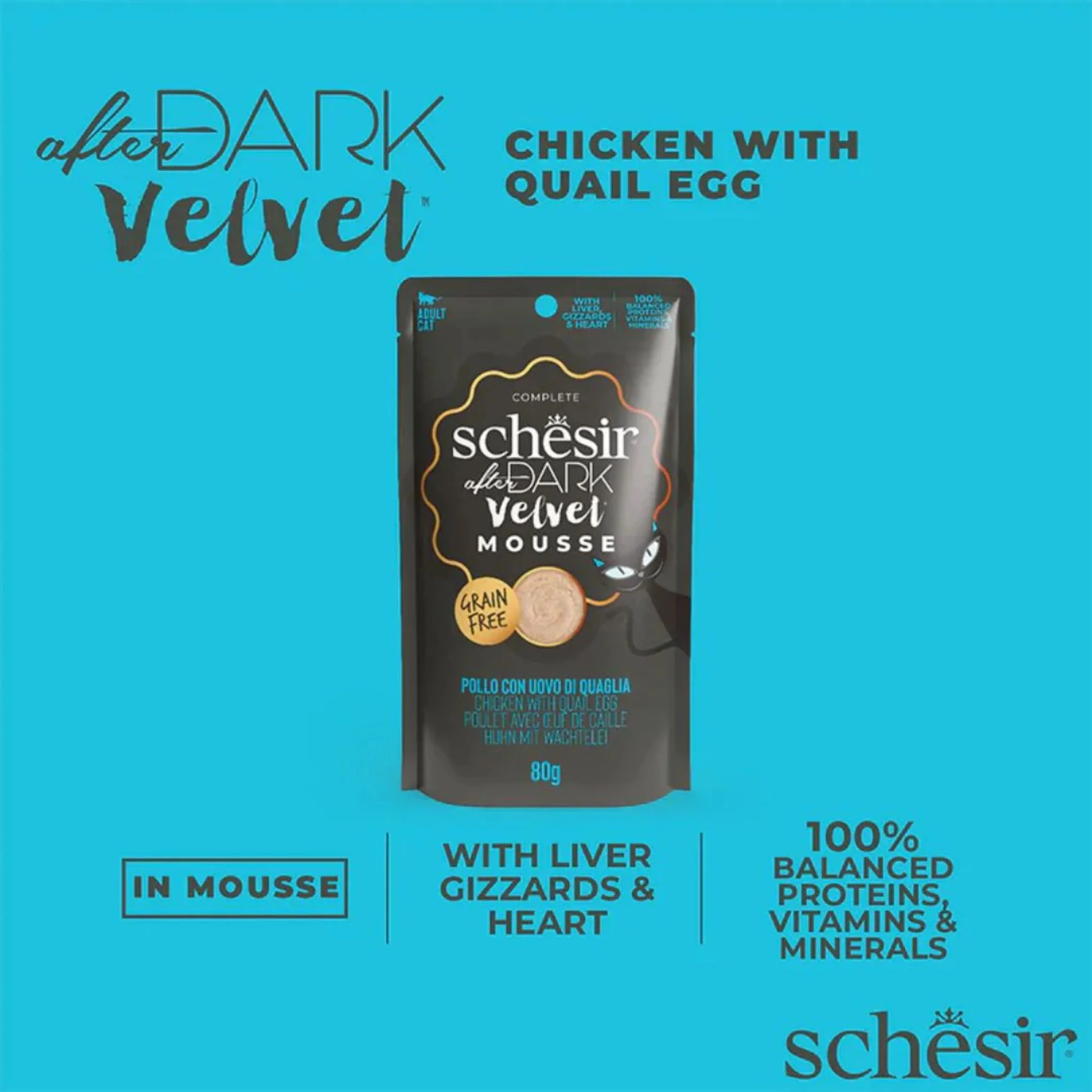 Schesir After Dark Velvet Mousse Chicken With Quail Eggs Cat Food Pouch - 80g - Image 2