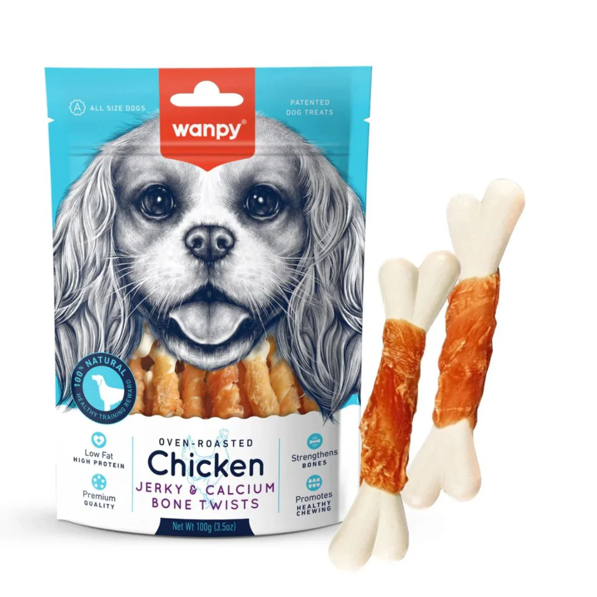 Wanpy Chicken Jerky & Calcium Twists Dog Chew Snack - 100g - Image 2